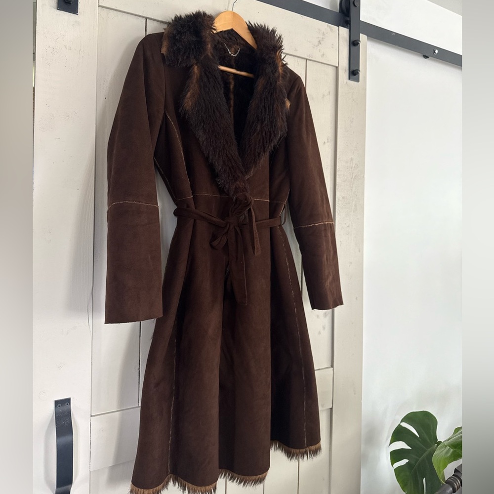 MARELLA Penny Lane Style Brown Suede Trench Coat with Fur Trim